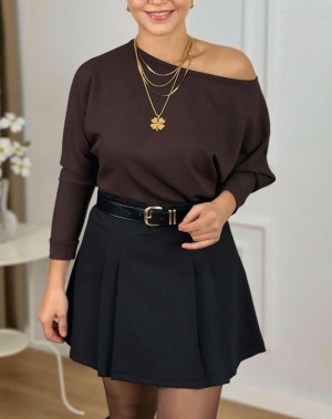 Lüx Kalite Modal Kumaş Kayık Yaka Bluz Kahverengi 