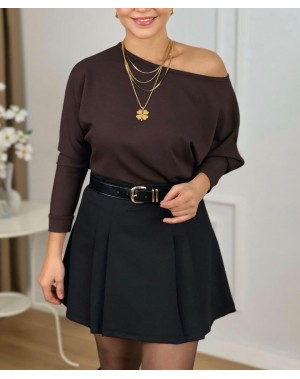 Lüx Kalite Modal Kumaş Kayık Yaka Bluz Kahverengi 