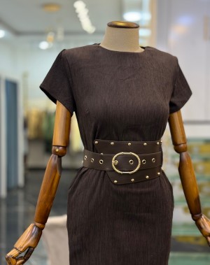 Likralı Fitilli Kadife Kumaş Kemerli Mini  Elbise 