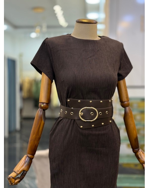 Likralı Fitilli Kadife Kumaş Kemerli Mini  Elbise