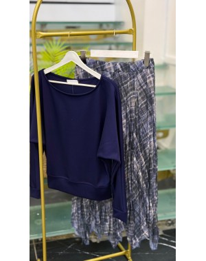 Mavi Ekoseli Şifon Etek 