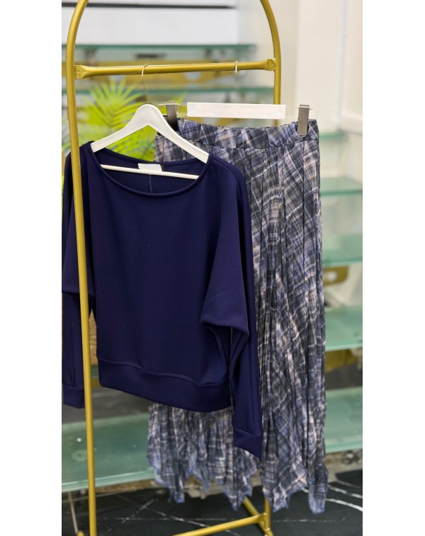 Mavi Ekoseli Şifon Etek