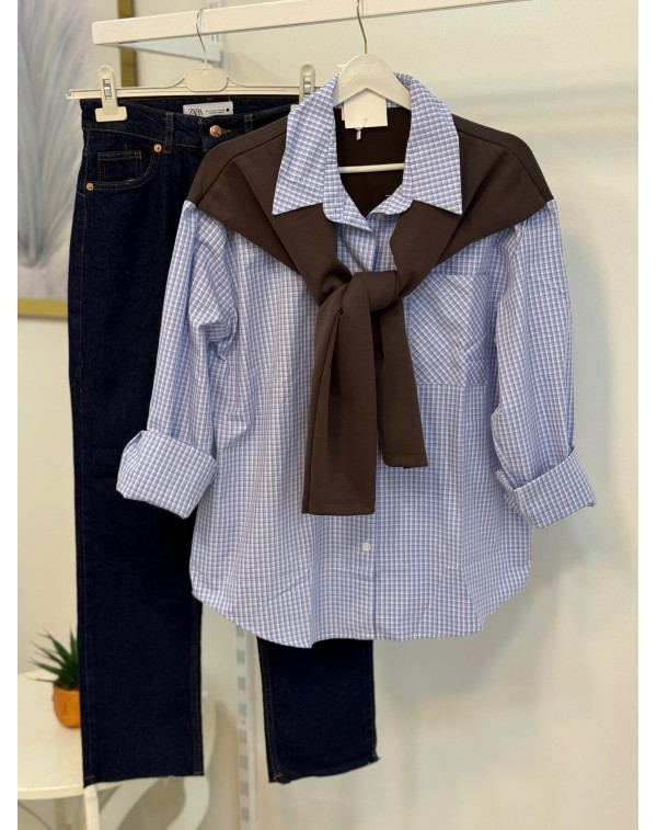 Bağlama Detaylı Kareli Gömlek Mavi