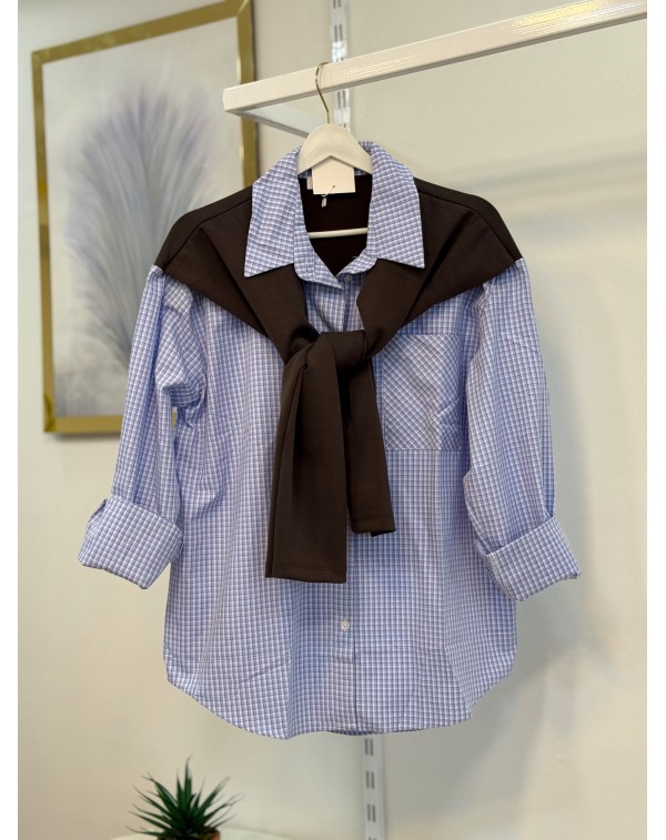 Bağlama Detaylı Kareli Gömlek Mavi