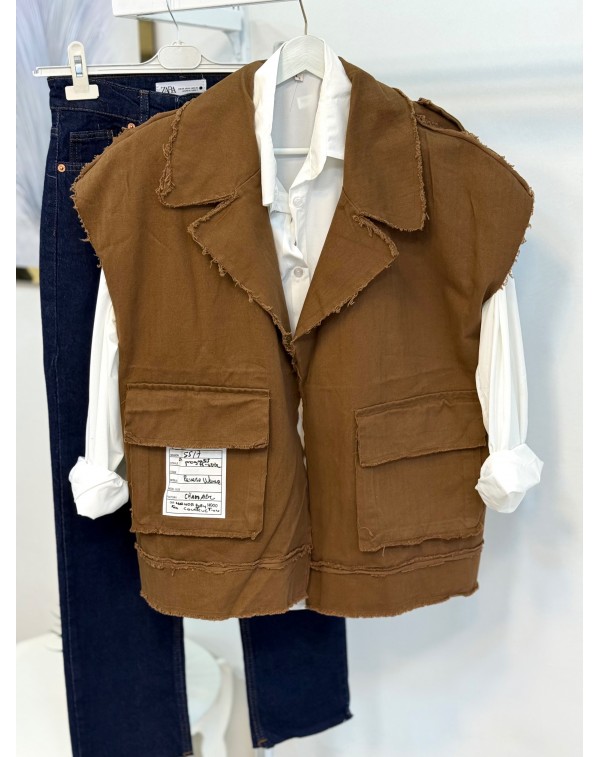 Büyük Yelekli Gömlek Yaka Yelek Kahverengi