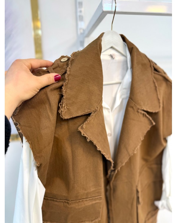 Büyük Yelekli Gömlek Yaka Yelek Kahverengi