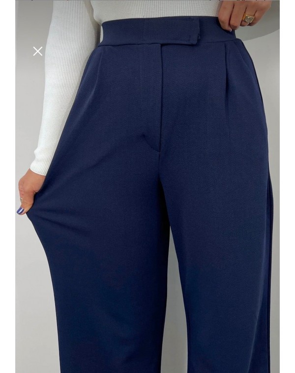 Cırtlı Likralı Krep Kumaş Palazzo Pantolon Lacivert