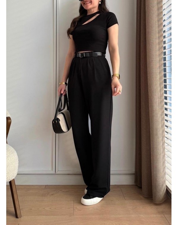 Kemerli Likralı Krep Kumaş Palazzo Pantolon Siyah