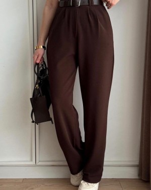 Kemerli Likralı Krep Kumaş Palazzo Pantolon Kahverengi 