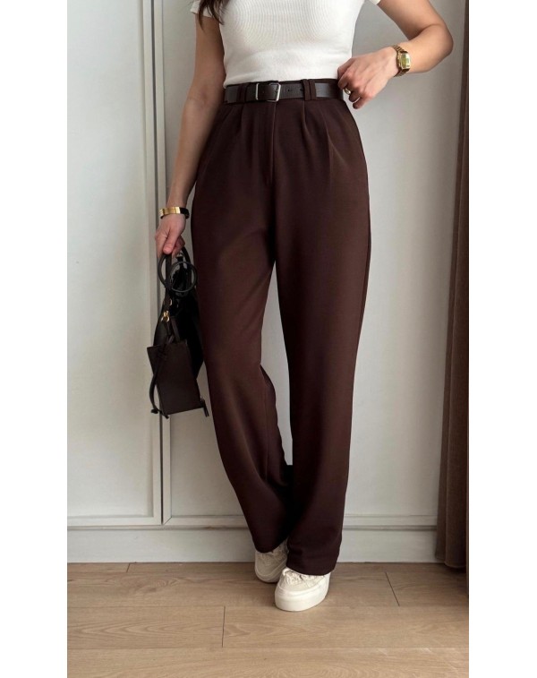 Kemerli Likralı Krep Kumaş Palazzo Pantolon Kahverengi