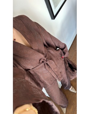 Jakarlı Özel Kumaş Kimono Pantolon Takım Kahverengi