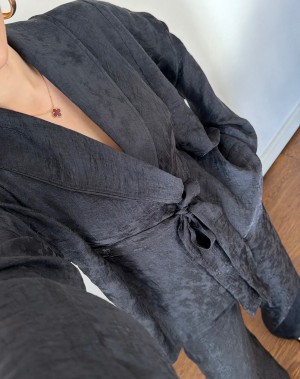 Jakarlı Özel Kumaş Kimono Pantolon Takım Siyah