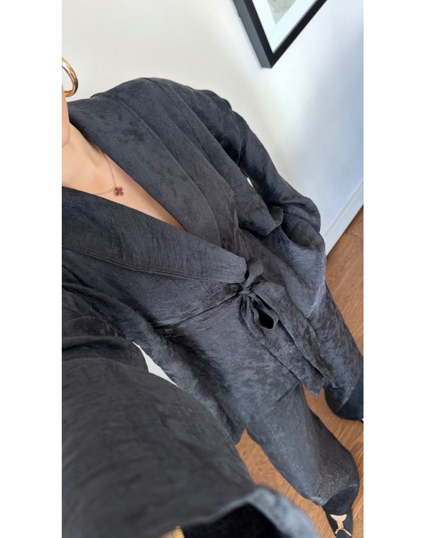 Jakarlı Özel Kumaş Kimono Pantolon Takım Siyah