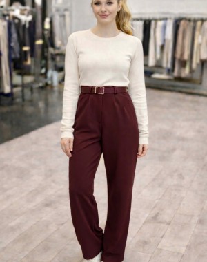 Kemerli Likralı Krep Kumaş Palazzo Pantolon Bordo 