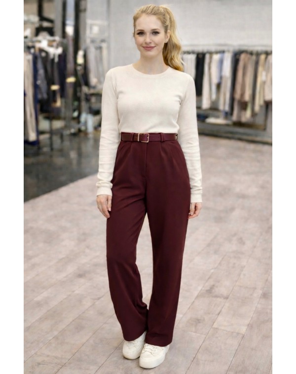 Kemerli Likralı Krep Kumaş Palazzo Pantolon Bordo