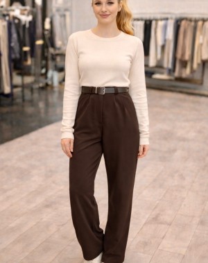Kemerli Likralı Krep Kumaş Palazzo Pantolon Kahverengi 