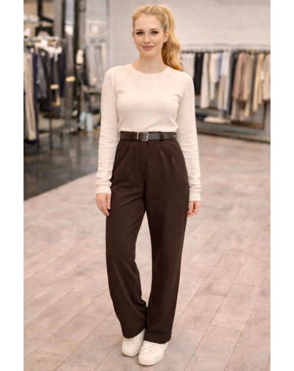 Kemerli Likralı Krep Kumaş Palazzo Pantolon Kahverengi