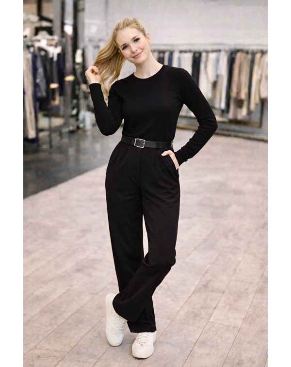 Kemerli Likralı Krep Kumaş Palazzo Pantolon Siyah