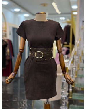 Likralı Fitilli Kadife Kumaş Kemerli Mini  Elbise 