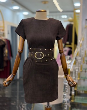 Likralı Fitilli Kadife Kumaş Kemerli Mini  Elbise 