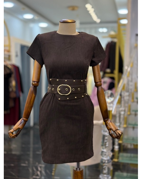 Likralı Fitilli Kadife Kumaş Kemerli Mini  Elbise