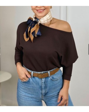 Lüx Kalite Modal Kumaş Kayık Yaka Bluz Kahverengi 