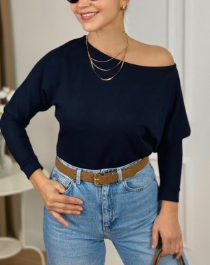 Lüx Kalite Modal Kumaş Kayık Yaka Bluz Lacivert 