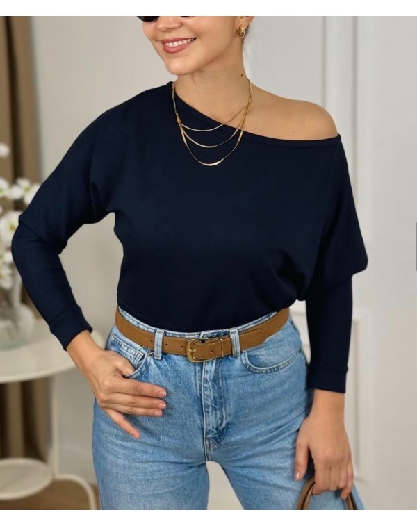 Lüx Kalite Modal Kumaş Kayık Yaka Bluz Lacivert