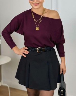 Lüx Kalite Modal Kumaş Kayık Yaka Bluz Mürdüm 