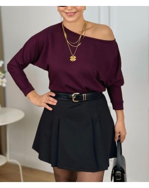 Lüx Kalite Modal Kumaş Kayık Yaka Bluz Mürdüm 