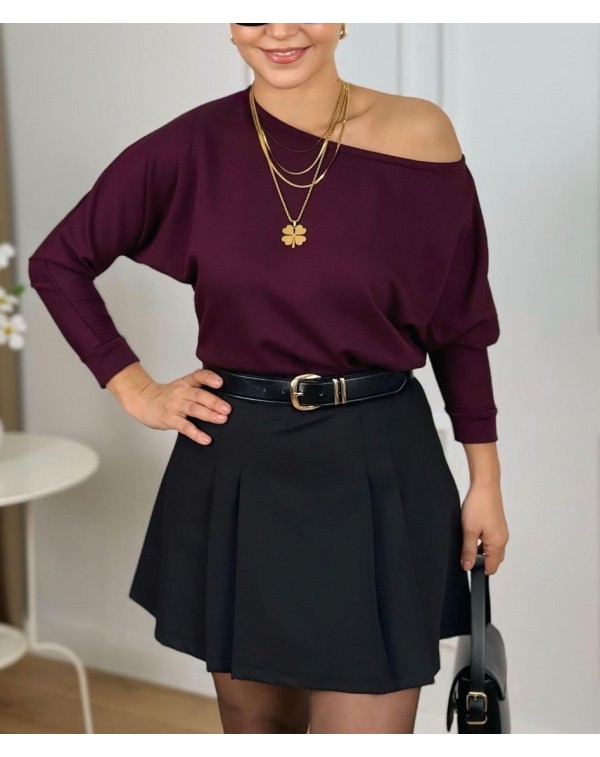 Lüx Kalite Modal Kumaş Kayık Yaka Bluz Mürdüm