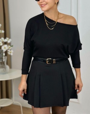 Lüx Kalite Modal Kumaş Kayık Yaka Bluz Siyah 