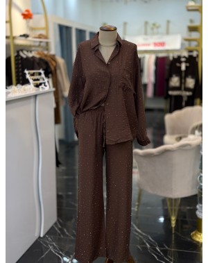 Lüx Kalite Serpme Taşlı Gömlek Pantolon Takım Kahverengi 