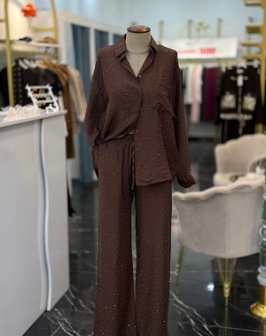 Lüx Kalite Serpme Taşlı Gömlek Pantolon Takım Kahverengi 