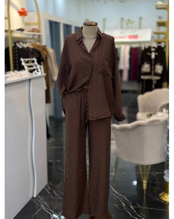 Lüx Kalite Serpme Taşlı Gömlek Pantolon Takım Kahverengi