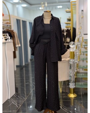 Lüx Kalite Serpme Taşlı Gömlek Pantolon Takım Siyah 