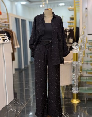 Lüx Kalite Serpme Taşlı Gömlek Pantolon Takım Siyah 