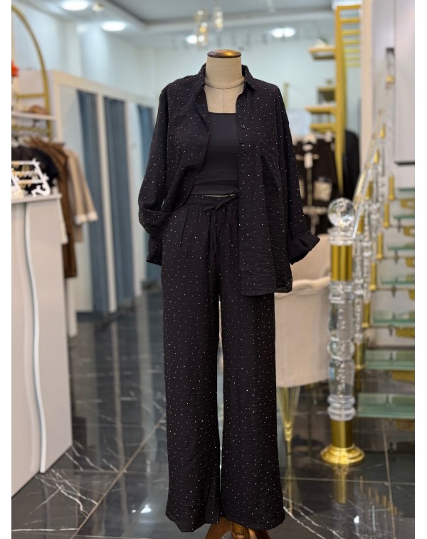 Lüx Kalite Serpme Taşlı Gömlek Pantolon Takım Siyah