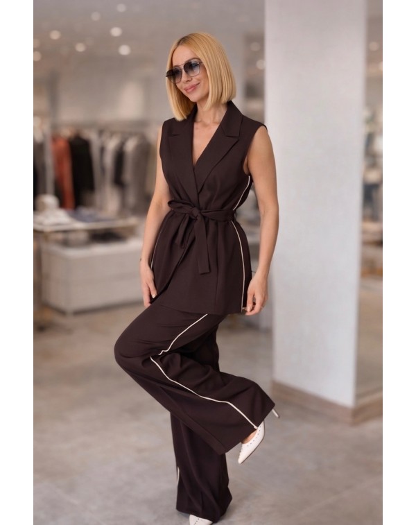 Lüx Kalite Yanı Şeritli Yelek Pantolon Kahverengi Takım