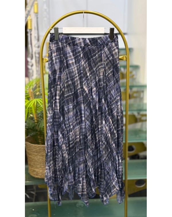 Mavi Ekoseli Şifon Etek