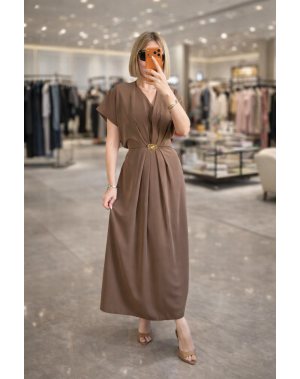 Premium Seri Gold Broş Detaylı Vizon Şık Elbise 