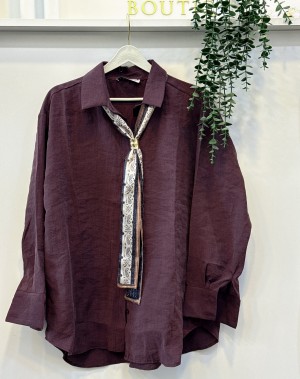 Özel Bambu Kumaş Fularlı Gömlek Mürdüm