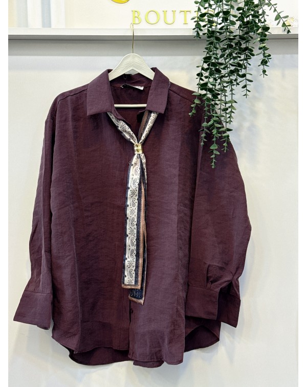 Özel Bambu Kumaş Fularlı Gömlek Mürdüm