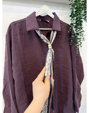 Özel Bambu Kumaş Fularlı Gömlek Mürdüm