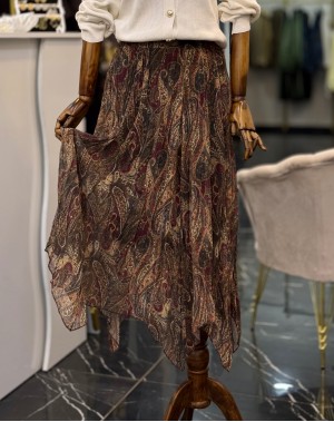 Şal Desen Asimetrik Kesim Şifon Etek Bordo 